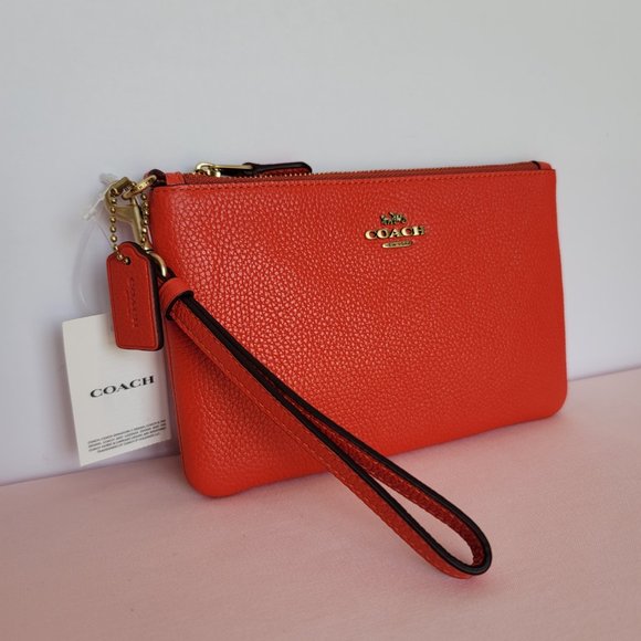 COACH Small Wristlet in Polished Pebbled Leather -Red Orange - Picture 3 of 16